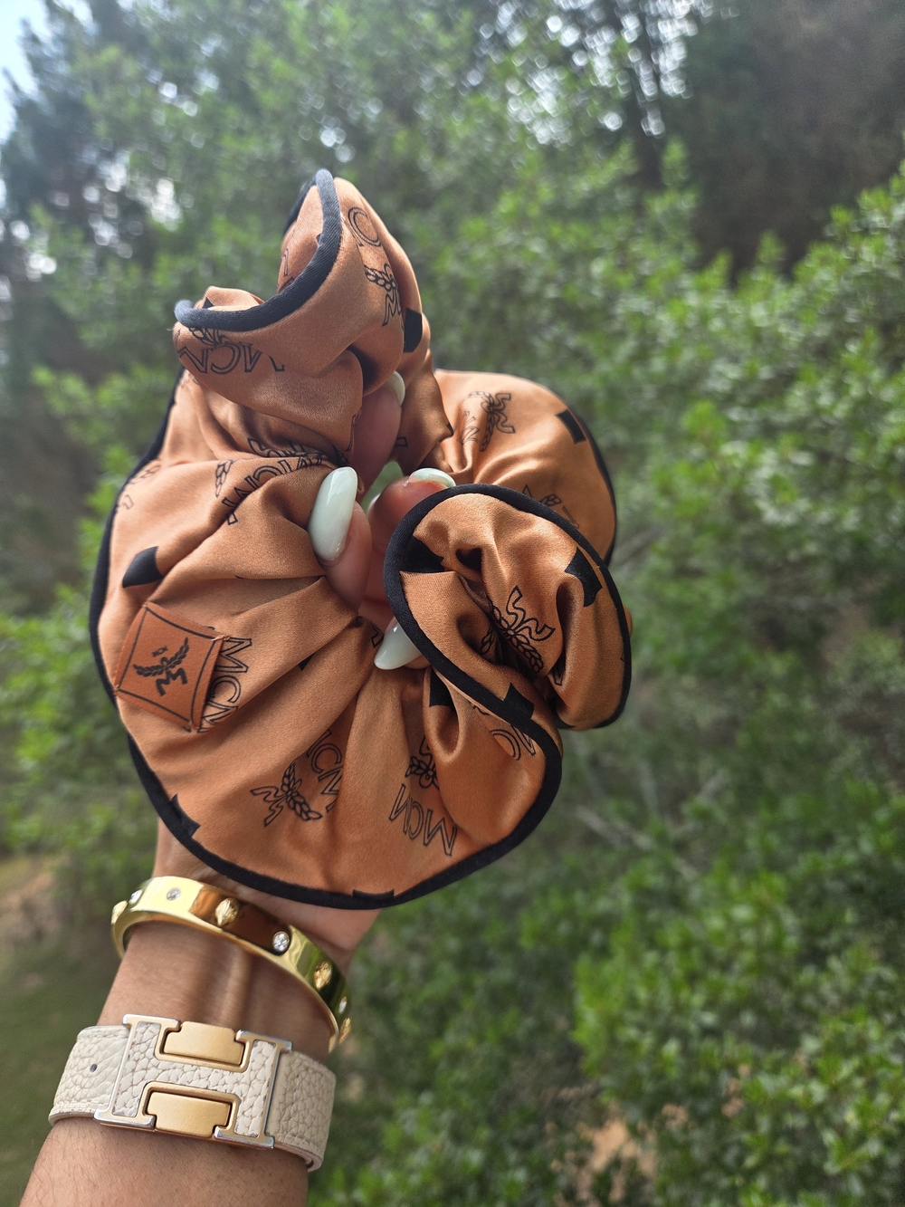 New MCM Logo Print Satin Scrunchie in Cognac - Picture 3 of 3